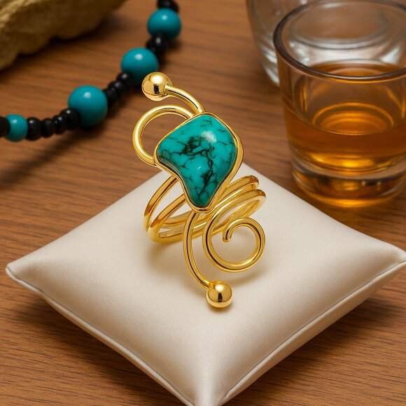 Turkish Artisan 18K Gold Plated Brass Adjustable Turquoise Cocktail Ring - Picture 9 of 11